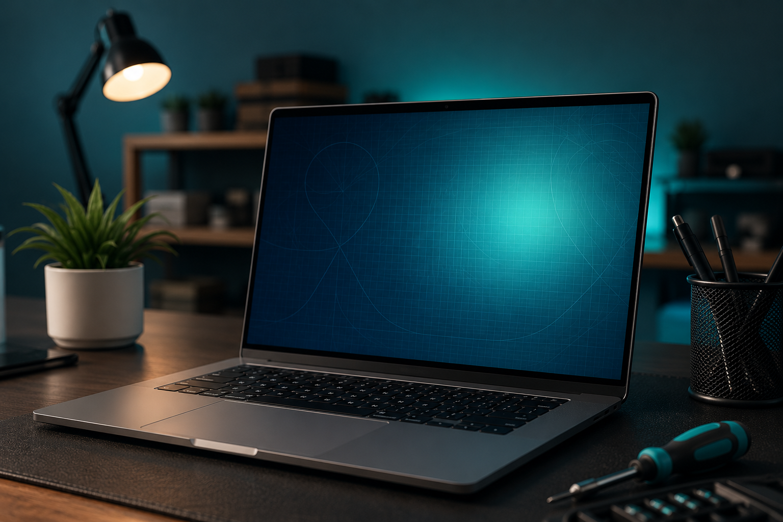 Laptop di meja servis DocTech Rangkasbitung dengan peralatan reparasi